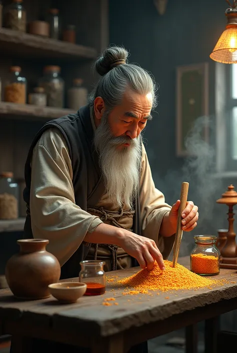 Create an image depicting a Chinese man producing gunpowder 