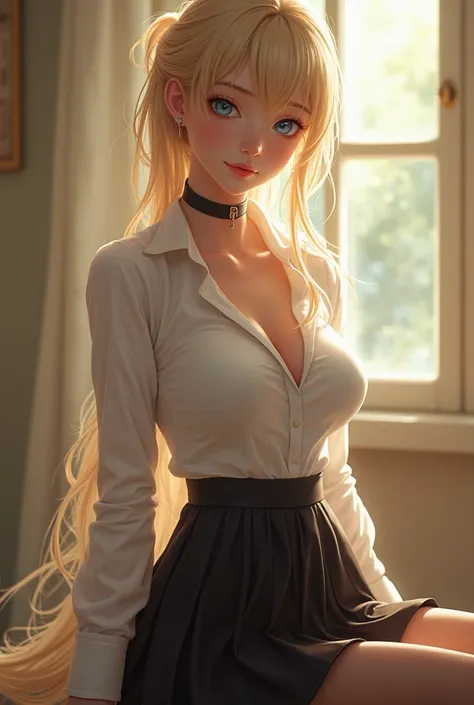 ******girl, solo, breasts, blonde_hair, blue_eyes, looking_at_viewer, large_breasts, ponytail,  closed_mouth, sidelocks, long_hair, smile, ultra-realistic, 8k, very detailed, photorealistic, natural light, warm tones, sunny, cinematic composition, wearing ...