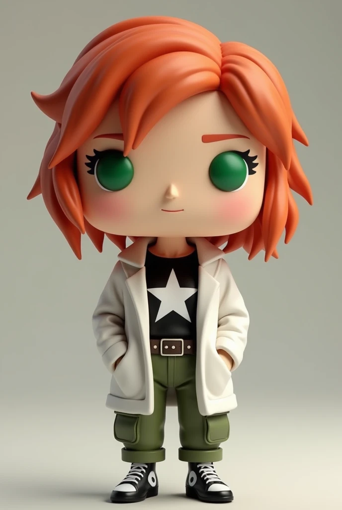 A redheaded funko pop with green eyes She has a black blouse and a white star on her blouse Its a white coat around the waist Its cargo pants