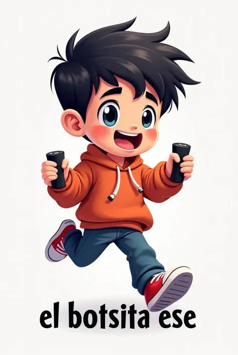 Create me a mascot logo where the mascot is a dark-haired gamer boy with a sweatshirt and black hair and underneath it has the letters "El Botsita Ese "