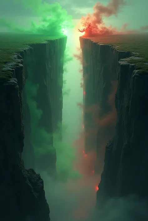 Border of 2 cliffs with red aura of devil on the right cliff and green aura of plants on the left cliff