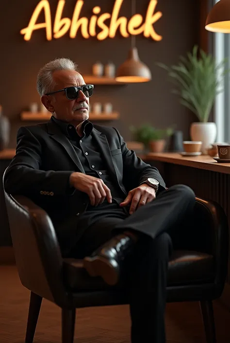 A mane in coffee shop sitting on chair with a cup formal black wearing shoes with wrist watch wearing sun glasses with background text name with Abhishek 