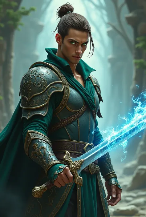 Male half elf wizard fighter with brown top knot and green eyes with sword in one hand and magic in the other 