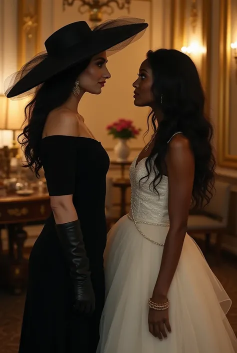  Two women facing each other , One is pale ,  black hat with a very large brim and a black veiltall black hair,  wears a long black dress with a V-neck , She wears black gloves ,  this barefoot ,  the other shorter woman , black,  long wavy hair ,  wears a...