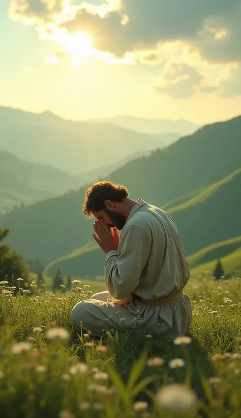 Man praying on the Hill,  today,   realistic image , I&#39;m 8k. 