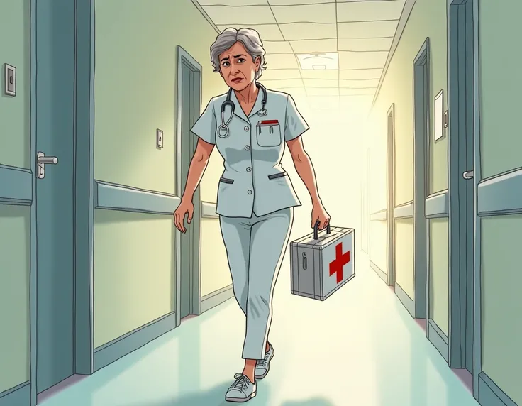  A nurse in an nursing home running in a hallway with a first aid kit.  She is worried . Drawing style .  in profile .  Very light background . plan large.