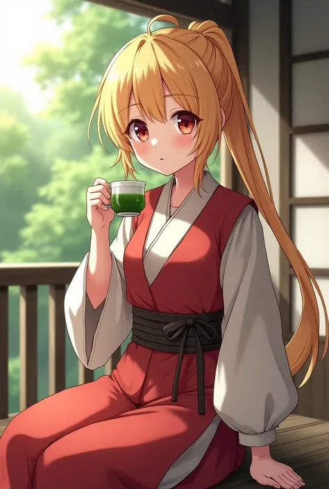 A 16-year-old girl with anime-style flax-colored hair and vermilion eyes 、 wearing medieval traveler clothes with hair up to the waist in a ponytail、Sitting on the veranda of a Japanese house drinking green tea。Has flax-colored hair