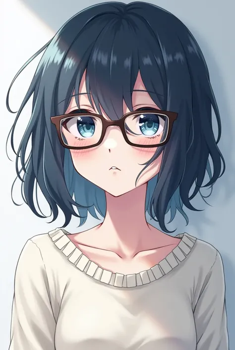 a boy with a tired appearance, shoulder length hair a bit messy, pale white skin, blue eyes with attractive eyelashes, Elegant face, always in a relaxed state. Wear a pair of glasses.wear a white sweater. face is a bit stern with Anime style