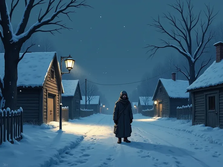 Background of a cold night in a village and a cold person