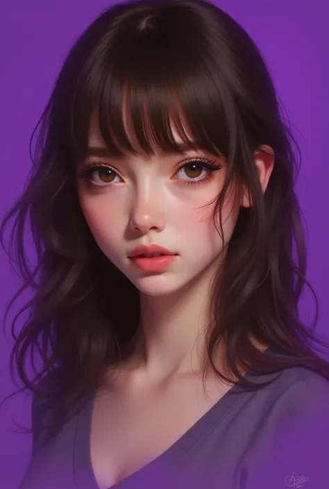 Girl with bangs brown hair with purple background 