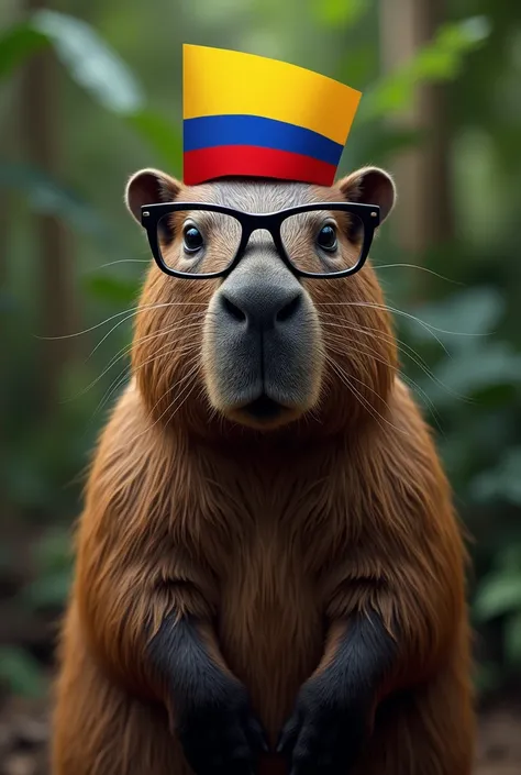 Create a capybara with the Colombian flag and black glasses