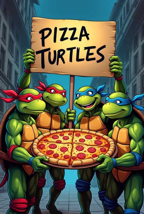  Ninja turtles holding a pizza with a sign written on it"pizza turtles 