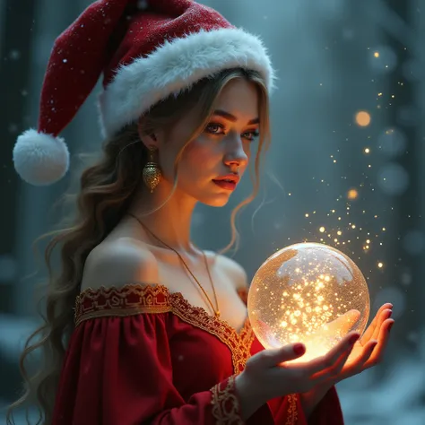 “Create a photorealistic image of a mystical, enchanting numerologist depicted as a beautiful sorceress. She wears a red and white festive Santa hat, adding a holiday touch to her magical appearance. Her elegant attire is adorned with subtle celestial patt...