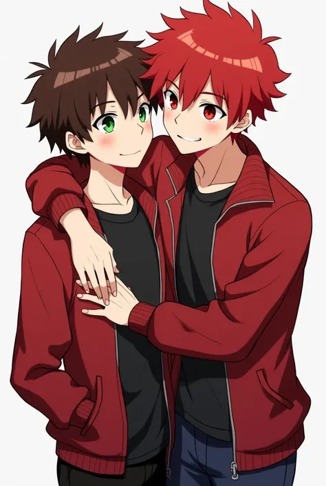 I want you to do an anime drawing of two young boys, Tayron hugging her boyfriend ,  Tayron has brown hair and green eyes and a red jacket and black t-shirt and kills hugs Tayron ,  kills is red-haired, has white skin and a red shirt and red eyes and is al...