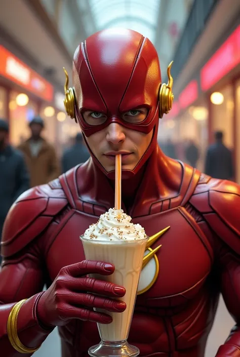 realistic image, the flash is in a mall, image of the flashs face, he is drinking a milk sheik, he has his mouth on the straw, he is pulling the liquid with his mouth