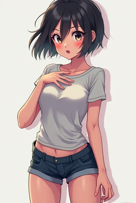 A sexy woman with very short hair and a boyish face dressed in a tight t-shirt and shorts touches her chest in surprise, best quality, 8k, extremely detailed,anime styling