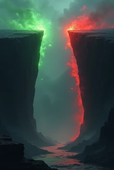 Border of 2 cliffs with red aura of devil on the right cliff and green aura of plants on the left cliff and Dark shades