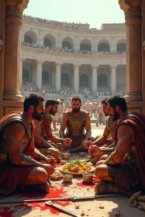 Roman gladiators eating on the field of the Roman Colosseum