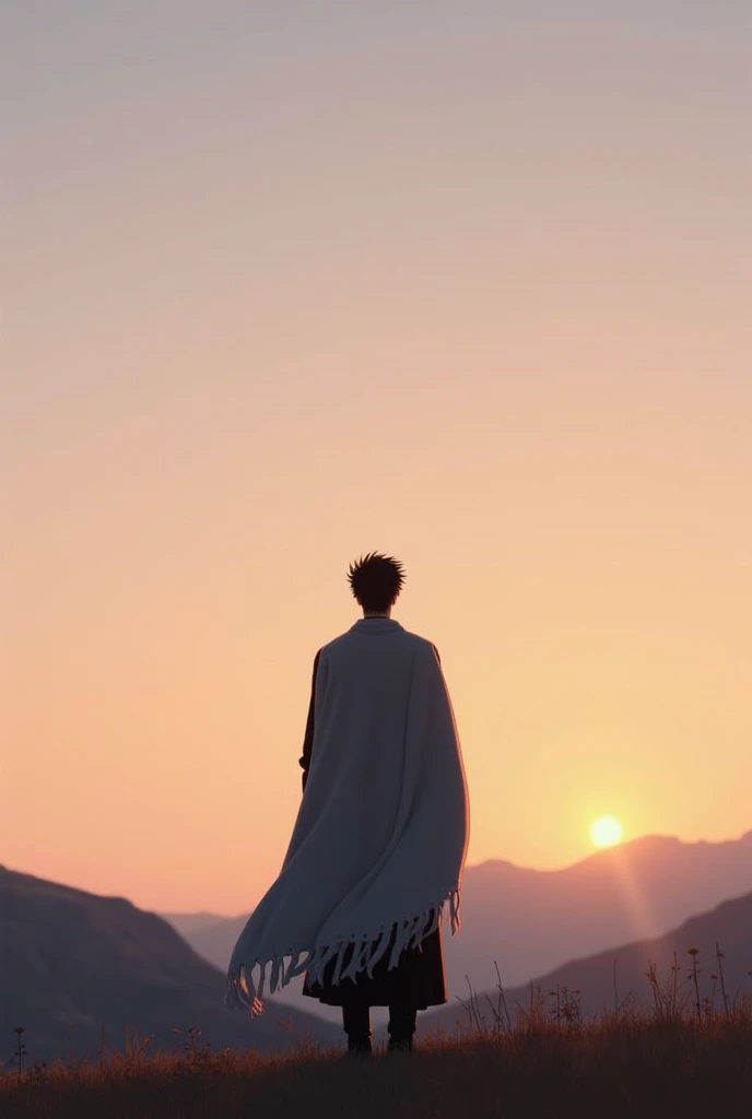  A person with their back looking at the horizon in a moment of reflection,  robe .  format The landscape includes an open field or mountain ,  with soft colors such as shades of orange and pink in the sky . The atmosphere conveys calm and purpose .