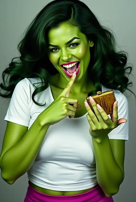 Helena Mattsson as She Hulk with vibrant lime green skin and voluminous, wavy hair styled in soft curls framing her face. She has an intense expression with tightly closed eyes and mouth wide open, revealing teeth as she grips her finger near her mouth wit...