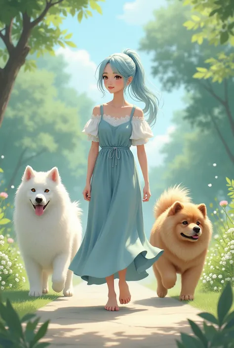 Japanese actress walking with a cute white Samoyed dog and a cute chow chow dog, a beautiful woman with light blue hair, a woman with a pale blue ponytail