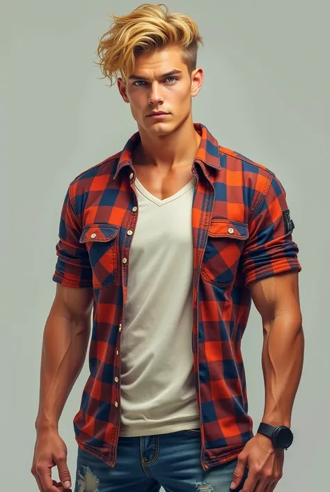  A 24-year-old blond man with big hair, with intense blue eyes and an athletic body, wears a slightly worn checkered t-shirt, with ripped jeans.