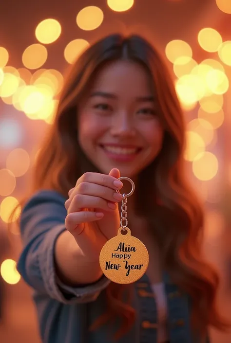 Girl Hand holding a words keychain Alia Happy New Year picture