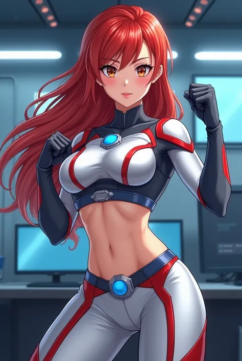       My Hero Academia style   ,     anime girl    , woman, young woman ,      full body shot   ,(fighting  pose:1.3),   long hair, Red Hair,     Brown Eyes   ,   hero suit, Full Body Suit, silver suit with red and blue details ,     small round blue jewel...