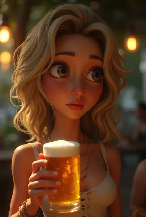  sad Brazilian woman , beige blonde hair,  dark brown eyes , holding a beer glass, Pixar model 