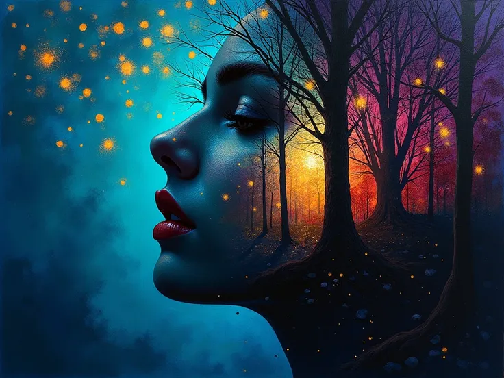 A captivating abstract portrait of a womans face, where her eyes, nose and lips are intricately painted in a harmonious blend of colors. The silhouette of the face reveals a nocturnal forest landscape illuminated by the soft glow of fireflies, creating a d...