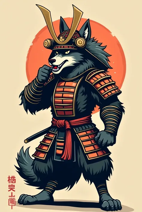 Image dessinée dun loup samourai mettant son doigt dans le nez en ayant un air de dédain sur le visage. The wolf must wear a samurai helmet 