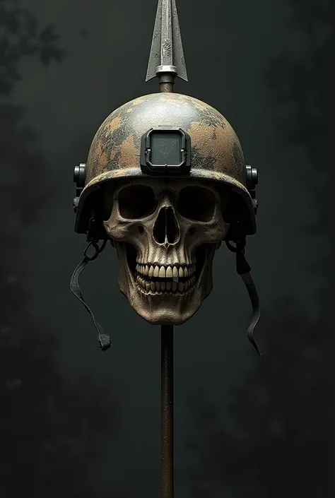  skull with a tactical military helmet and a spear going through it , skull with a tactical helmet 