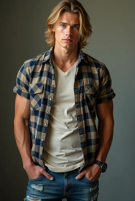  A 24-year-old blond man, with intense blue eyes and an athletic body, wears a slightly worn checkered t-shirt, with ripped jeans.