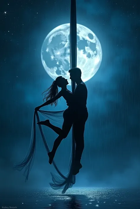 The shadow of a couple making aerial fabric on their own under a starry sky with a full moon and rain 