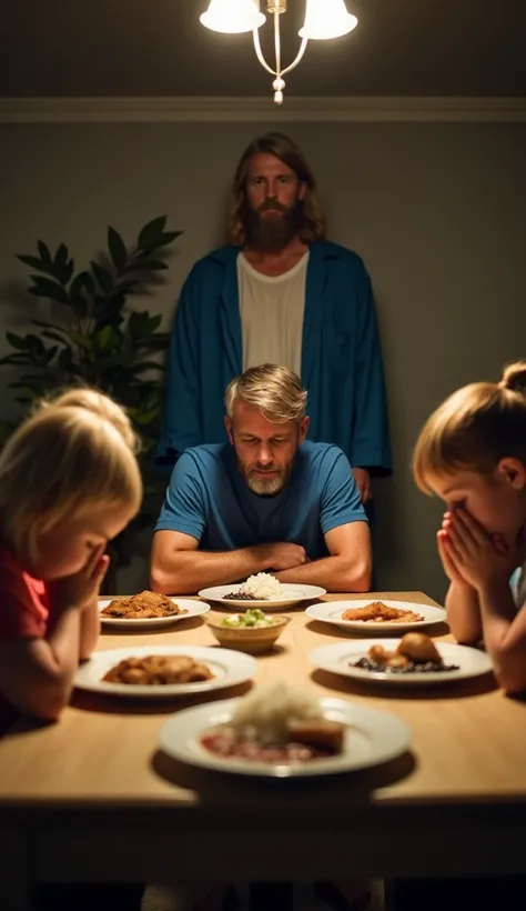  Jesus Christ in the background of a dining room scene .  At the table there is a man with a beard wearing blue jumpsuit ,  a blonde woman looking 30 years old . 3 blond ren ,  each sitting in their chairs around the table .  They are with their heads down...