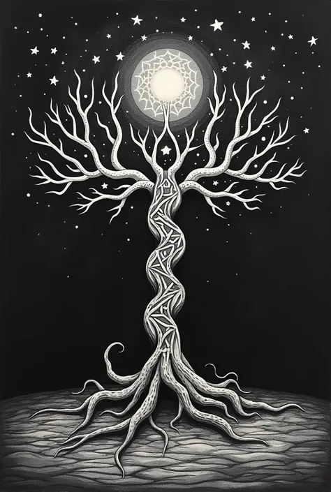 Dessin tribal monochrome Arbre de vie avec constellation poisson