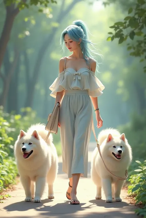 Japanese actress walking with a cute white Samoyed dog and a cute chow chow dog, a beautiful woman with a light blue ponytail, in off-the-shoulder clothes