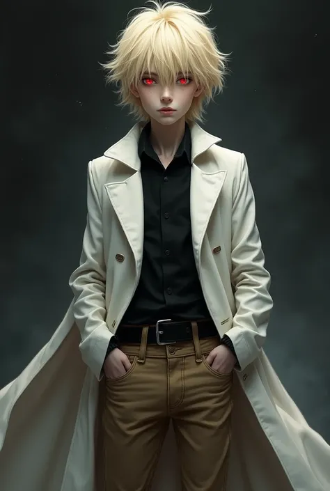 A boy with blond hair and red eyes wearing a black blouse and a white jacket and a white cape and tan jeans