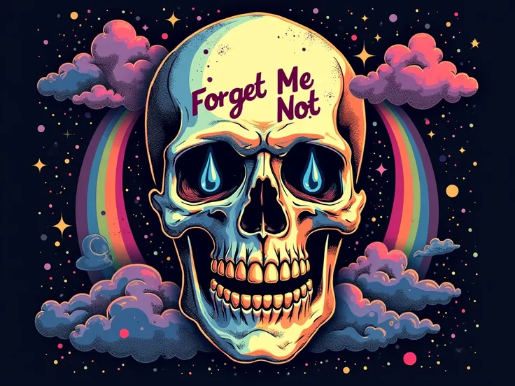 A stunning and surreal vector design featuring a crying skull adorned with gold teeth, rainbows, clouds, glitter and psychedelic colors. The skulls eyes are filled with tears and its mouth is open in a howl, while the text "Forget Me Not" is written on its...