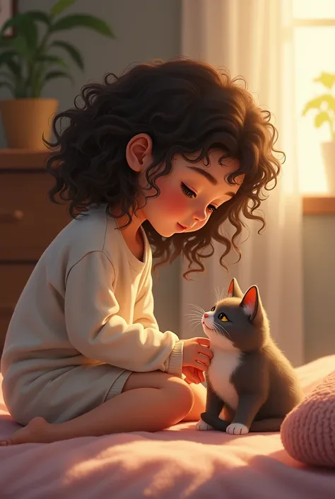 A curly haired girl petting a cat