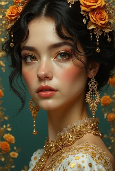  A womans portrait, adorned in opulent attire with delicate, lace-like patterns and lavish golden accents that shimmer with a soft, ethereal glow, reminiscent of Gustav Klimts sumptuous style, surrounded by intricate, swirling motifs inspired by Art Nouvea...