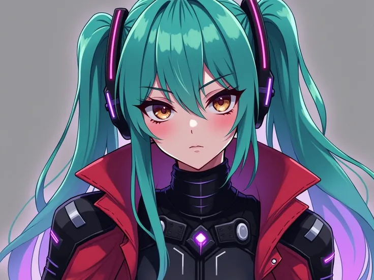  simple anime style , cyberpunk, a girl with a cold and serious look , She has long cyan-green hair , she has brown eyes,  she wears a futuristic black armor with silver details with purple neons by the armor. She is wearing a red jacket over the armor 