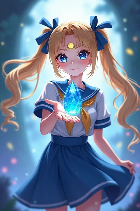 A blond-haired girl with a hairstyle with long ponytails with blue eyes, wearing a sailor moon dress and a crescent on her forehead and left hand, holding a center that has an oval-shaped crystal at the tip. 