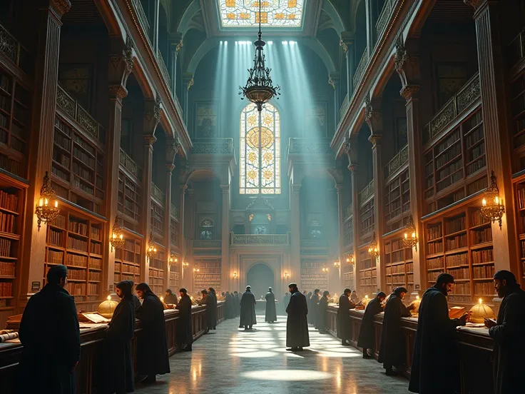 A cinematic scene of a library full of books in Balan Fatih