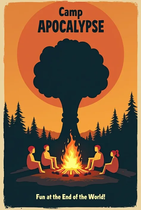 "An ultra-minimalistic, vectorized poster illustration. The scene depicts a group of ren sitting around a campfire, represented with simple geometric shapes and solid warm colors like orange and yellow. In the background, a bold, black silhouette of a mush...