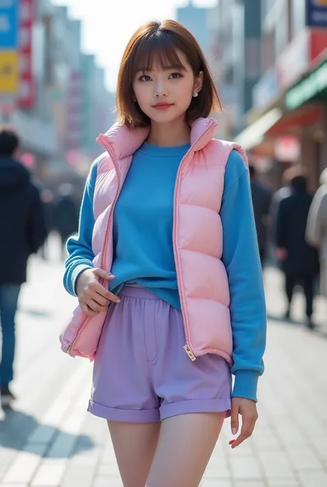 ((RAW photo)), cute and super detailed shy face with natural light brown short hair and shy smile, realistic big round eyes, natural lips, clean white skin, light makeup, bright light blue sweater, light purple shorts, shiny light pink short down vest, hig...