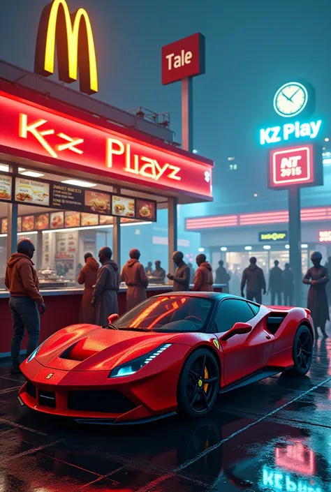  McDonalds snack bar full of aliens, With a Ferrari and a neon sign written kz play 