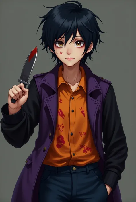 A serial killer , has black hair,  ahead is medium dark blue ,  his eyes are normal and brown pupils ,  he is  in an orange shirt with marks and a little broken,  he has a purple jacket and his sleeves are black ,  his pants are dark blue and he has a knif...