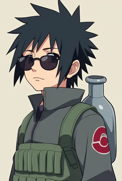  himself Create an original character in the cartoon style of the Naruto anime, but other than Naruto .  a young ninja from the Aburame clan ,  with black hair, And a pair of sunglasses .  Wearing a gray blouse and having a jug on his back