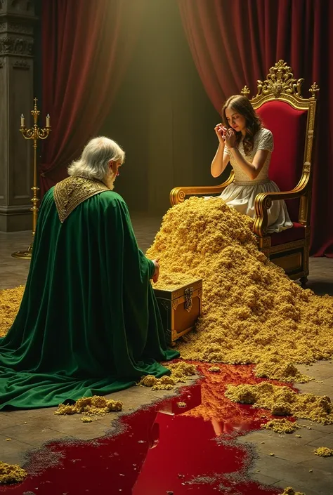  The king in the green robe from the back we see him sitting in a pile of gold sorting through the treasures of the chest.  His queen cries in the corner , with her hands on her face .  On the floor in the throne room, in addition to gold, there is also a ...